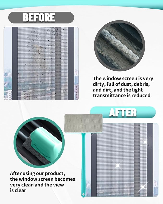 Window Screen Cleaner Kit,Wet and Dry Dual-Use Mesh Screen Cleaner + 3 Window Track Cleaning Tools,Detachable Window Sill Cleaner Tool for Easy,Efficient Cleaner