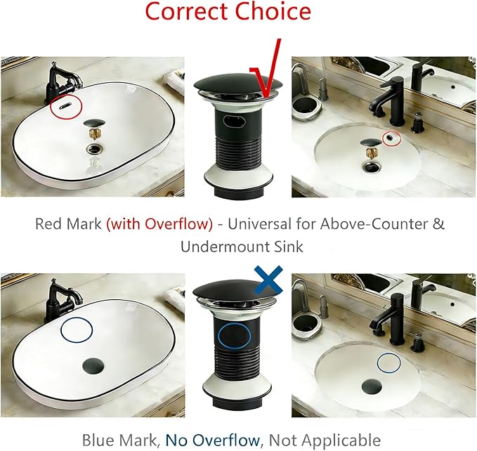 Bathroom Sink Drain, with Overflow, Pop up Sink Drain Stopper with Strainer Plug for Vessel Sink Lavatory Vanity, SUS 304 Stainless Steel, Matte Black