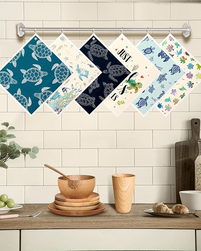 Miss Adola Kitchen Swedish Dishcloths with Hooks - 6 Pack Reusable Dish Cloths for Washing Dishes Fast Drying Cute Fun Swedish Dish Towels Washable Cleaning Sponge, Blue Turtle