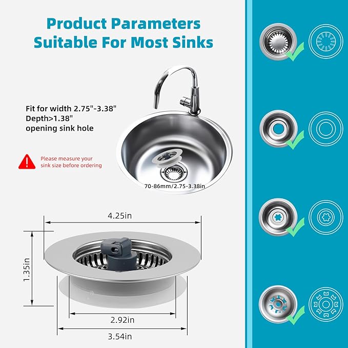 Hibbent 3 in 1 Kitchen Sink Drain Strainer, Stainless Steel Wrapped Shell Drain Stopper Combo, Pop Up Sink Stopper, Stainless Steel Anti-Clogging Basket Strainer for US Standard 3-1/2" Drain
