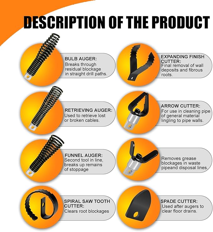 8-Piece Drain Snake Drill Attachment, Cutter and Auger Set, Compatible with 50FT-100FT Drain Cleaning Machines, Fits 5/16-inch to 3/4-inch Drain Snake Cables