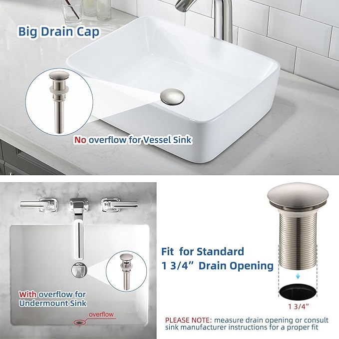 Vessel Sink Drain Without Overflow - Bathroom Sink Drain Stopper - Pop Up Drain All Metal - Big Cap Fit for Vessel or Undermount Sink,Brushed Nickel,YDPOP-1