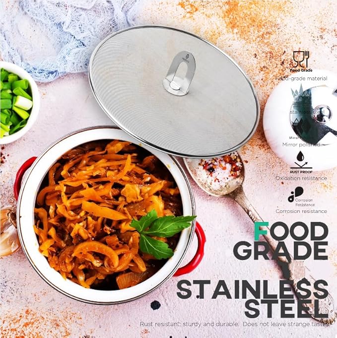 Homestia Splatter Screen for Kitchen, Stainless Steel Fine Mesh Splatter Screen for Frying Pan, 10” Grease Splatter Guard with Fold Flat Knob