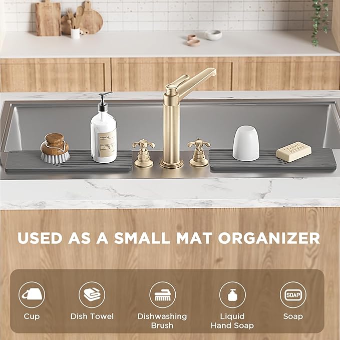 Faucet Mat for Kitchen Sink, Diatomite Stone Drying Sink Protectors, Bathroom Faucet Splash Guard, Quick Dry Water Absorbing, Non-Slip Tray for Kitchen Counter, Gray, 11.8" x 3.9" x 2pcs