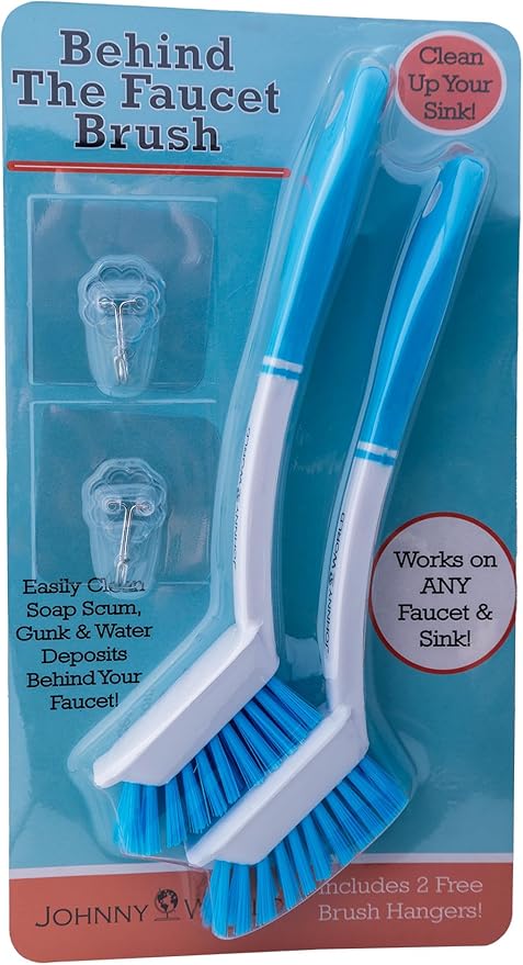 The Behind The Faucet Brush! Clean Hard to Reach Areas in Your Kitchen and Bathroom - Easily Clean Water and soap Residue Around The Sink. Two Pack Includes Hanging Hooks for Storage Under The Sink.