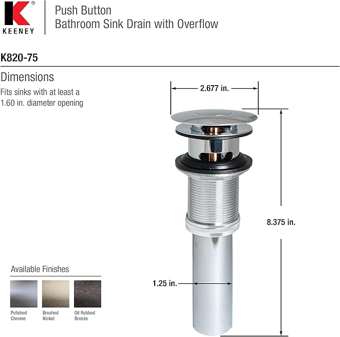 Keeney Universal Button Bathroom Sink Drain with Overflow, Polished Chrome