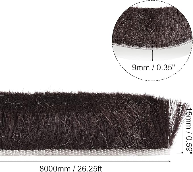 uxcell Weather Stripping Brush, 26ft L x 0.35" W x 0.6" H Self-Adhesive Seal Weatherstrip Sweep Brush Brown for Door Window