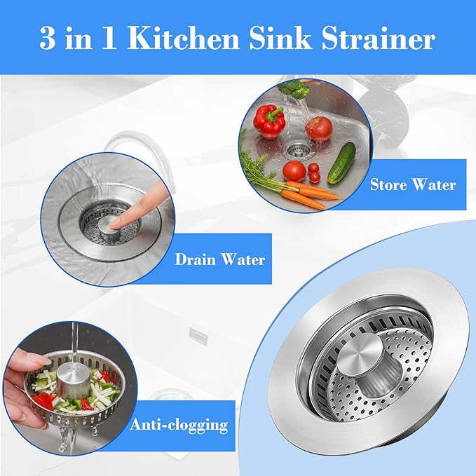 Upgraded 3-in-1 Kitchen Sink Drain Strainer with Solid Brass Core, Fast-Drain Pop-Up Sink Stopper, 304 Stainless Steel, Removable Anti-Clog Basket, for US Standard 3-1/2'' Drains