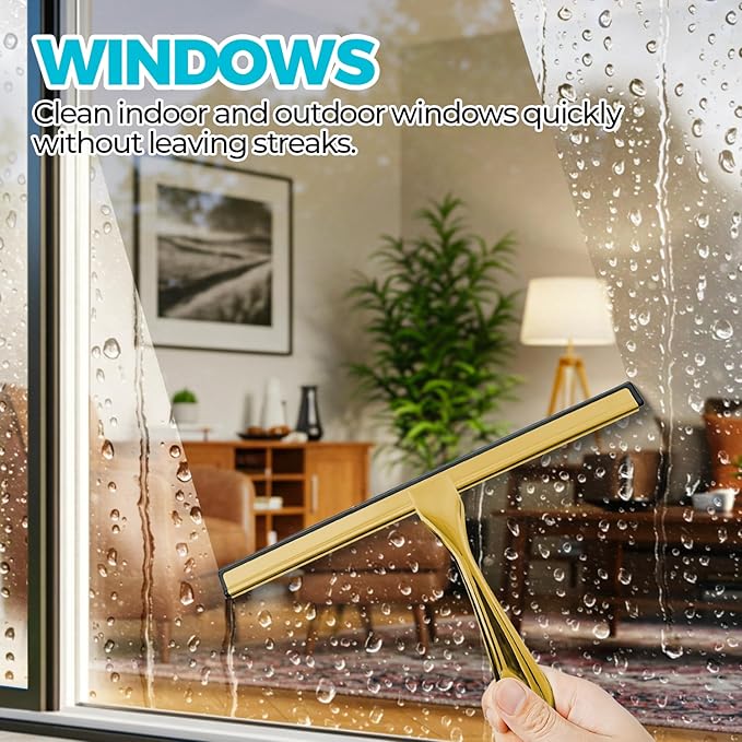 11.5-Inch Golden All-Purpose Shower Squeegee for Shower Doors, Tile Shower Walls, Bathroom, Window, Glass and Car Windshield, Mirrors and Kitchen-Stainless Steel
