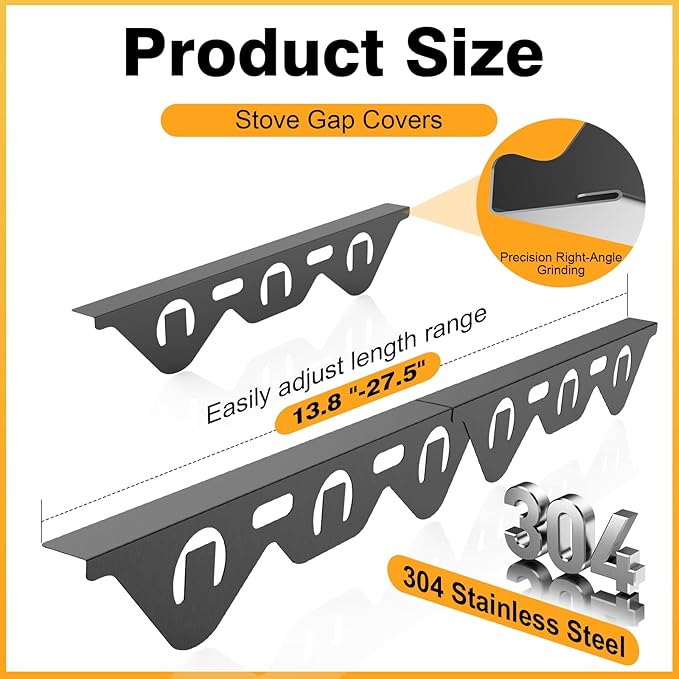 Stove Gap Covers Stainless Steel, 2 Pack Stove Gap Filler Oven Gap Filler, Adjustable Length 13.8" to 27.5", Heat Resistant & Easy Clean, Stove Counter Gap Cover for Kitchen Countertops Oven, Black