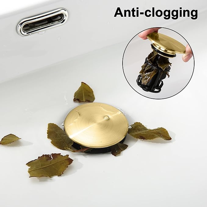 Pop up Bahtroom Sink Drain with Overflow, Brushed Gold Vessel Sink Drain for Bathroom Assembly, Anti Clogging Bathroom Sink Stopper, Suit for 1 3/4 Hole