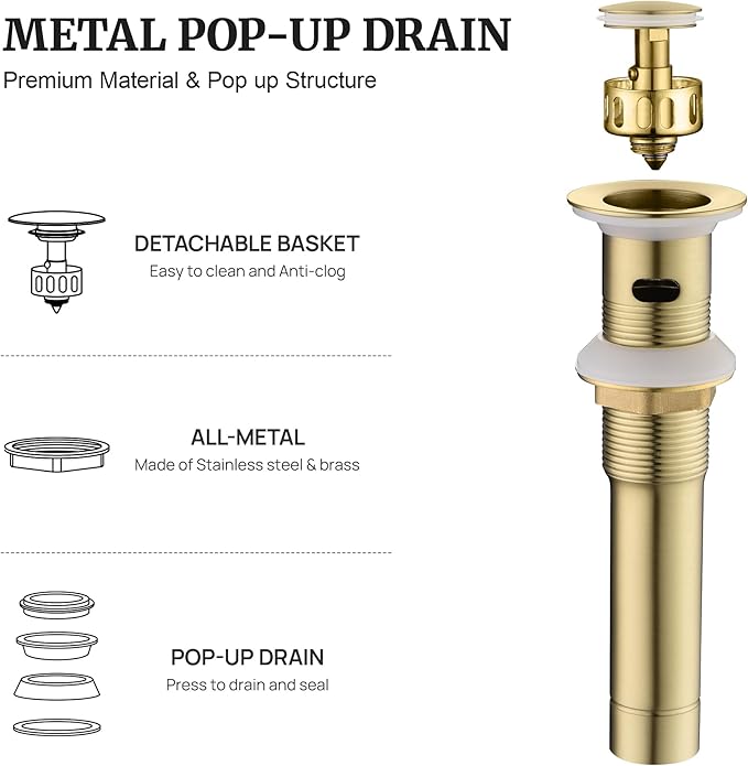 Pop up Sink Drain Stopper for Bathroom Vessel Vanity Sink Art Basin Brushed Gold, Small Cap with Overflow, Metal Pop-up Drain Strainer with Detachable Basket Stopper