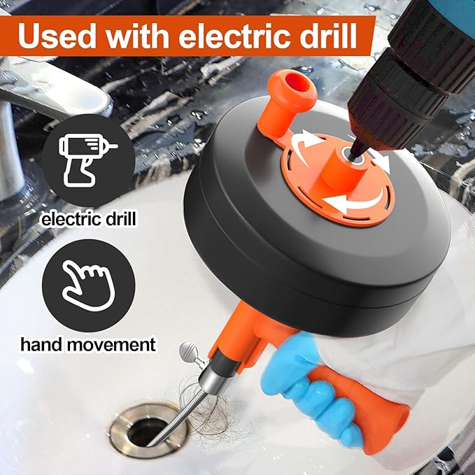 Drain Auger, Plumbing Snake With Drill Adapter, 35ft Heavy Duty Flexible Sink Steel Drum Auger and Drain unblocking Snake, Manual Or Powered With Work Gloves and Storage Bag-Not auto feed and back