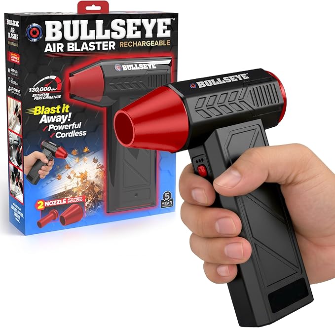 BULLSEYE Blaster 130000 RPM Electric Air Duster, Rechargeable Cordless Compressed Air Blower for Computer Cleaning, Keyboard, Electronics, Car Detailing, 3 Speed Turbo, 2 Nozzles – As Seen on TV