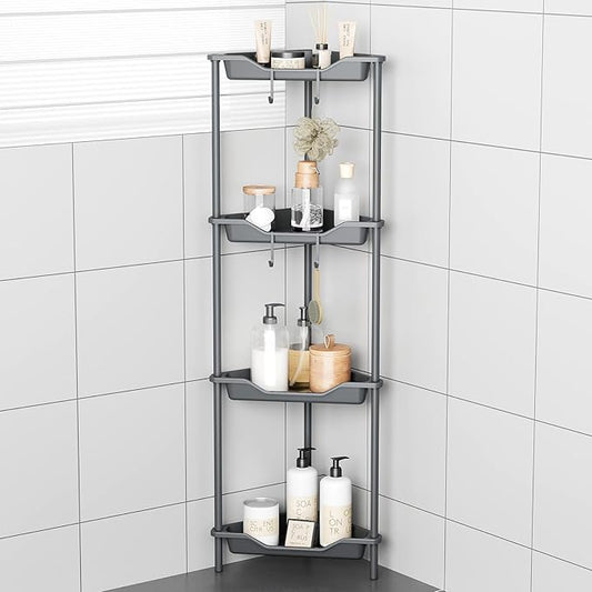 ODesign 4 Tier Corner Shelf Stand for Living Room Bedroom Bathroom,Plastic Metal Splicing Ground Cabinet Storage Rack,Standing Shower Organizer,Shower Caddy Corner