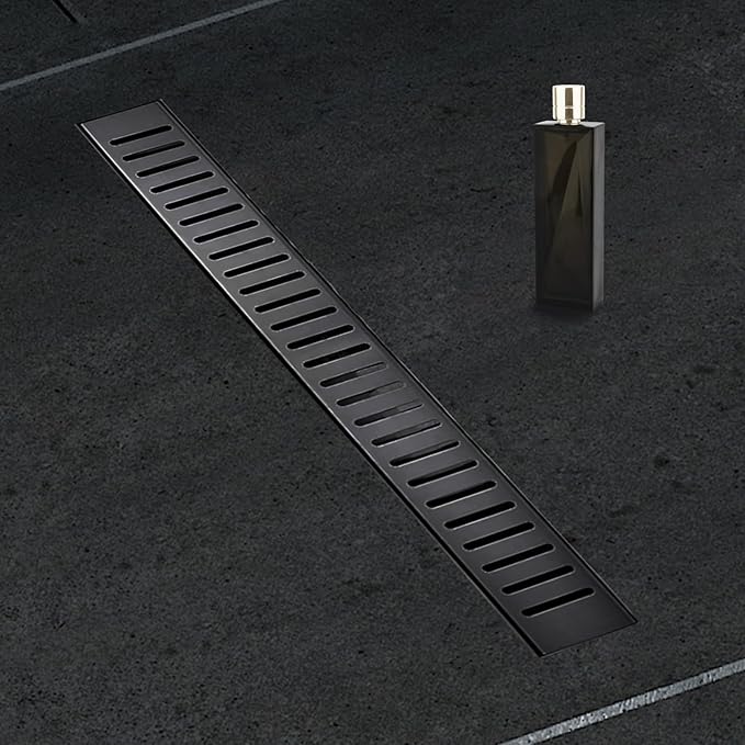 12 Inch Linear Shower Drain Bathroom Kitchen Matte Black Floor Drain Removable Capsule Pattern Cover Accessories Shower Drain 304 Stainless Steel Drain with Hair Strainer Adjustable Leveling Feet