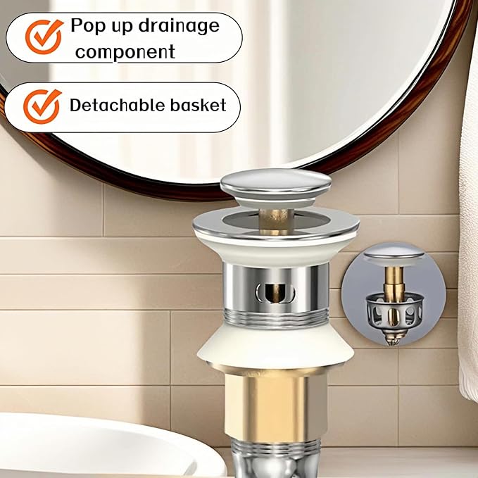 Pop-Up Sink Drain for No Overflow Basin, Stainless Steel, Hair Catcher Filter, 7.09 inch Length, Brushed Nickel (with Holes)