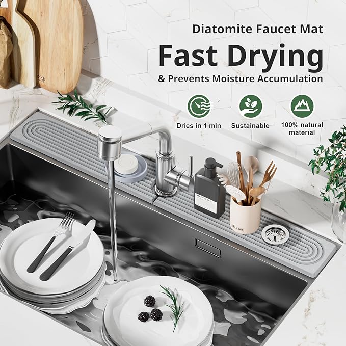 Quick Dry Sink Splash Guard - 30" Instant Dry Stone Sink Tray for Faucets - Absorbent Diatomaceous Earth Faucet Mat for Kitchen Countertop and Bathroom - Light Gray