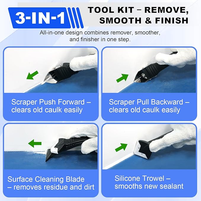 MORROWIND Silicone Caulking Tool Kit, 3 in 1 Caulk Remover, Grout Removal Scraper and Sealant Finishing Tool, Glass Glue Angle Scraper for Floor Window Sink Joints Bathroom Kitchen (Black)