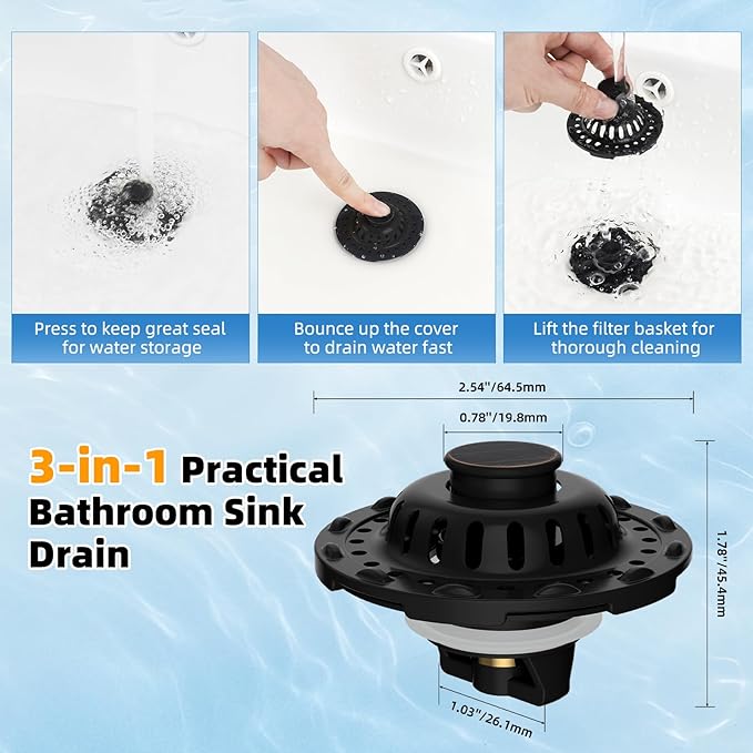 Universal Bathtub Drain Stopper Shower Hair Catcher Bathroom Sink Strainer, Tub Stopper with Visible Top Strainer, Brass Metal 3 in 1 Pop-up Stopper for Standard 1.1''~2.36'' Hole, Oil Rubbed Bronze