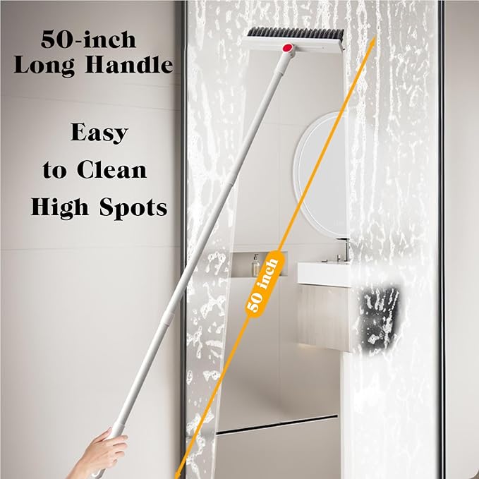 Floor Brush Scrubber with Long Handle Grout Brush Tile Floor Scrub Brush with Squeegee Heavy Duty Deck Brush Stain 180℃ Rotating Crevice Cleaning Brush Stiff Bristle Broom for Bathroom Wall