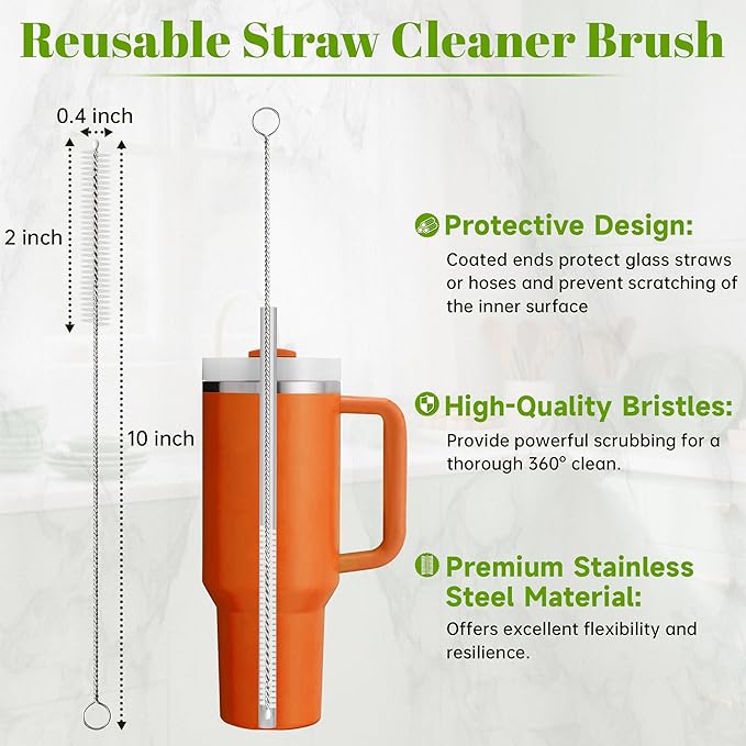 Straw Cleaner Brush Set, 10 Pieces 10 Inch Stainless Steel Handle Straw Brush Set, Extra Long Straw Brush for Tumbler, Sippy Cup, Water Bottle and Tubes
