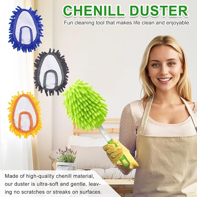 16 Inch Microfiber Duster Kit with 4 Pcs Duster Head, Feather Dsters, Washable and Reusable Duster, Wet and Dry Use, Cleaning Tools for Car,Office,Household