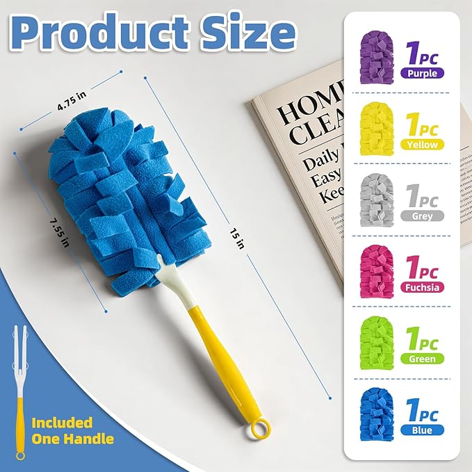 6 PCS Fleece Reusable Duster Refills for Swiffer, Washable 360 Dusters for Cleaning, Fans, Floors, Blinds, Windows (Include 1 Handle & Laundry Bag)