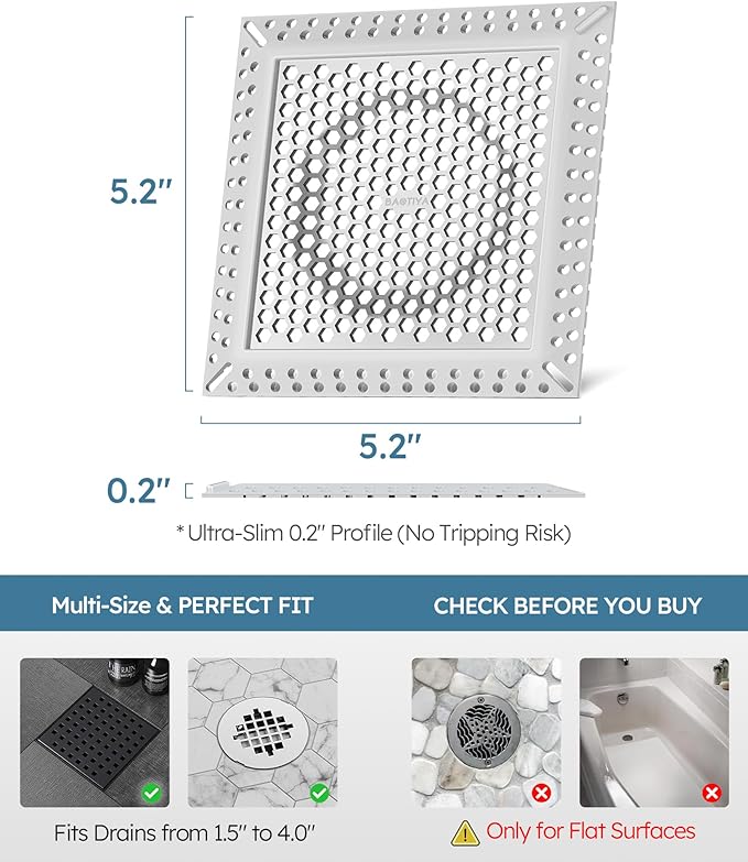 Square Shower Drain Hair Catcher, Flat Shower Drain Hair Catcher, Anti-Clogging Fast Drainage, Anti-Slip & Stays in Place, Easy Clean Fits Bathroom Hair Catcher for Shower (Gray, 4 inch)