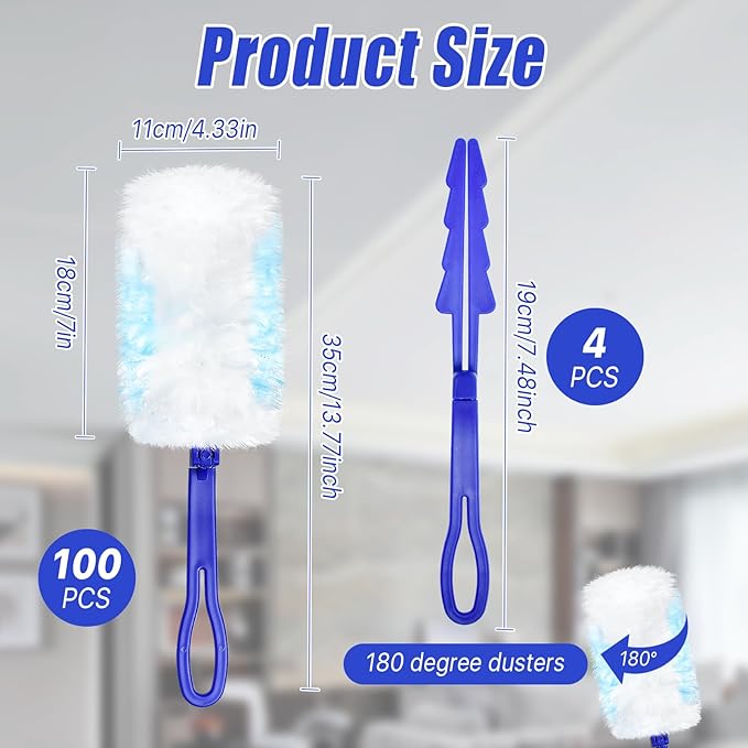 100 Pcs Duster Refills Bulk, Thickened Duster Refill Electrostatic Duster Head, Duster Refills for Cleaning with 4 Handles, Disposable Duster Refills for Cleaning Blinds, Ceiling Fans(Blue)
