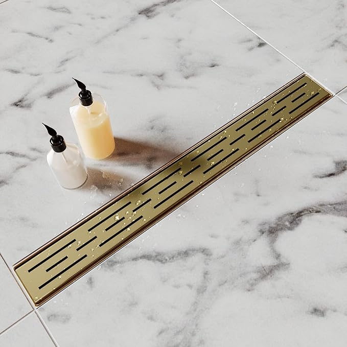 Brushed Titanium Gold Shower Drain 48 Inch, 304 Stainless Steel Linear Shower Drain with Removable Brick Pattern Grate - Adjustable Rectangular Shower Floor Drain with Hair Strainer, Linear Drain