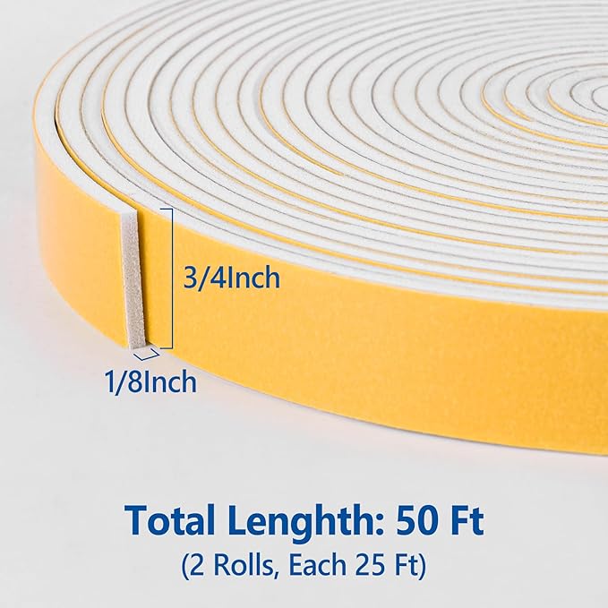 Self-Adhesive Weatherstrip 3/4in x 1/8in x 50Ft High Density Foam Insulation Strips with Strong Adhesive for Door and Window Sound Isolation