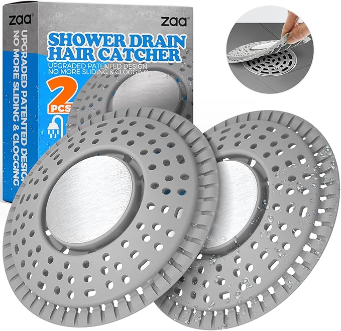 zaa Shower Drain Hair Catcher - Drain Protector & Shower Drain Cover for Regular Floor Drains of Shower Room, Bathroom, Upgraded 2Pack Premium Silicone & 304 Stainless Steel, Gray