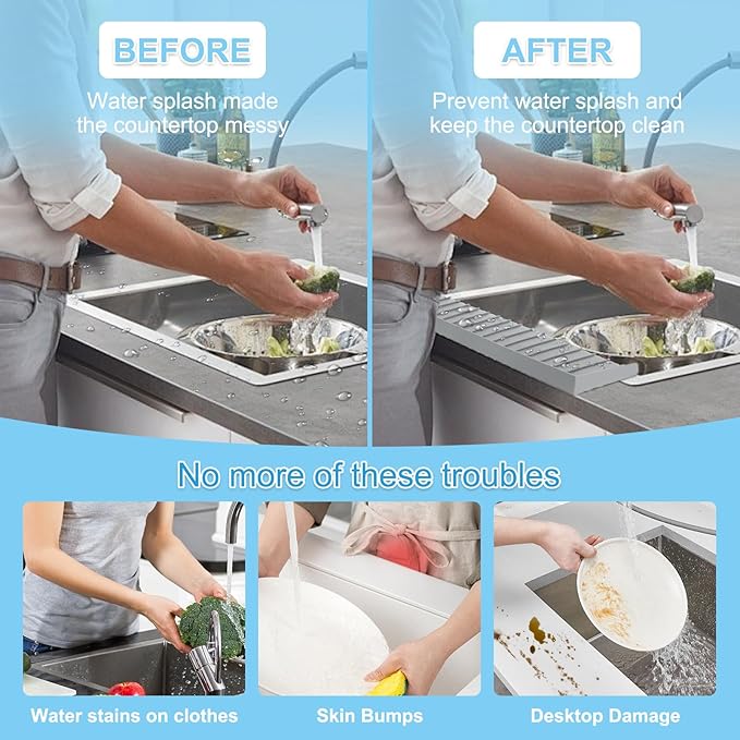 Silicone Sink Edge Protectors 4" x 24", Upgrade Kitchen Sink Splash Guards With Suction Cup, Splash Guard For Bathtub Sink, Countertop Protectors For Quartz Kitchen Sink（Gray）