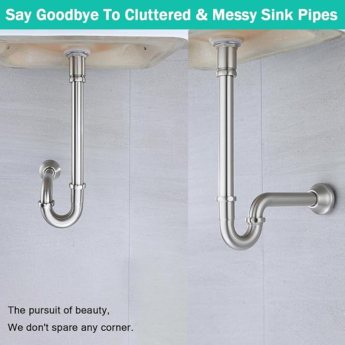 Brass P Trap with Pop Up Drain Stopper,U-Shape 1 1/4 Slip Joint Extension Tub Sink Drain Pipe,12 inch Pipe length Adjustable Height Sink Waste Trap Drain Kit,Without Overflow,Brushed Nickel