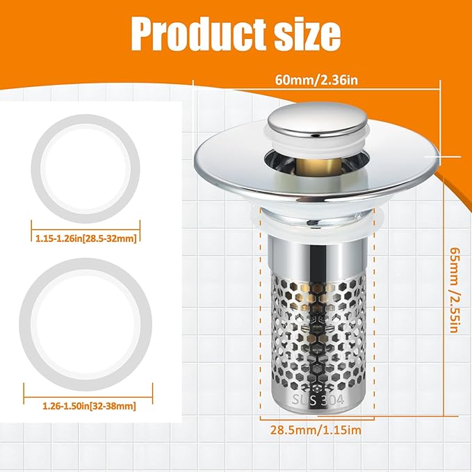 2PC Bathroom Sink Stoppers Plug Pop-up Drain Filter for 1.45 Inch Brass Basin Sink Stopper (Chrome)