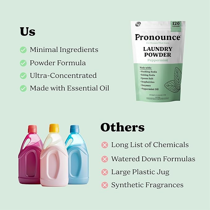 Pronounce Laundry Detergent Powder Alternative | Cleaner Ingredients. Safer for Sensitive Skin. Stain + Smell Fighting. With Essential Oils. HE Safe (Peppermint, 120 Loads)