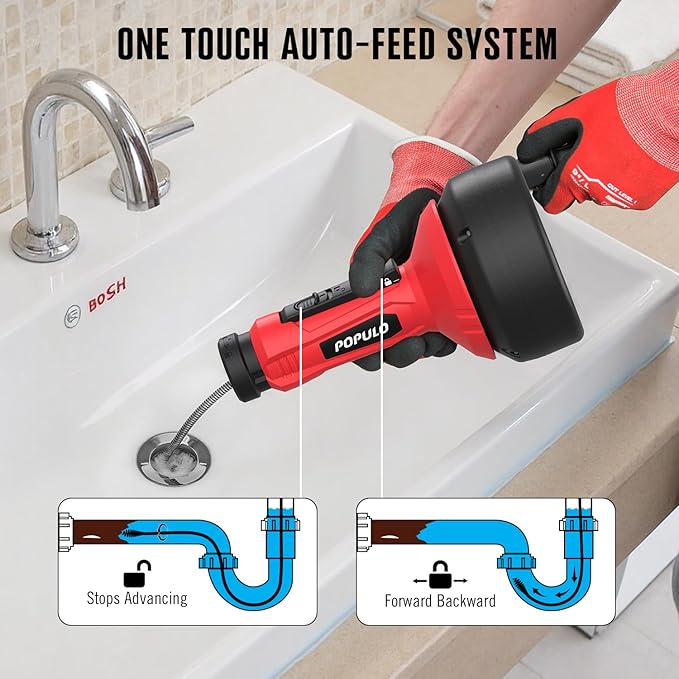 POPULO 17FT Auto Feed Drain Snake, Upgraded Toliet Auger, Plumbing Hair Drain Clog Remover with Extension Tube for Toliet, Shower, Bathtub, Kitchen, Sink，2025 PMDA-G2