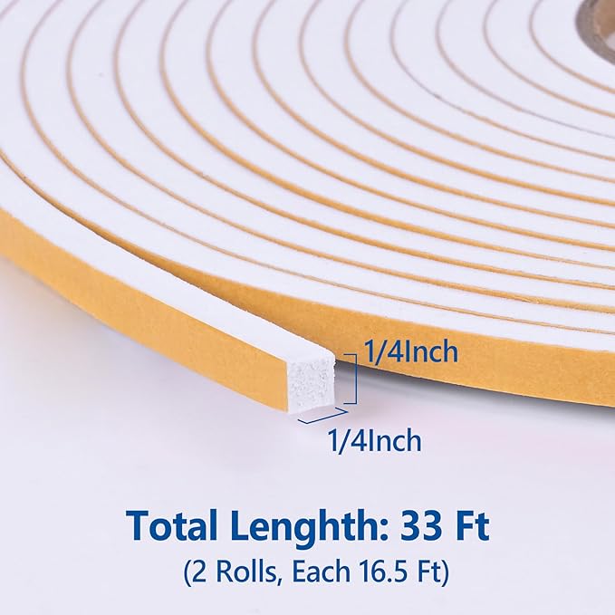 Kikerike Self Adhesive Foam Tape Weatherstrip 1/4In x 1/4In x 33Ft High Density Foam Insulation Strips Seal Weather Stripping with Strong Adhesive for Door and Window Sound Isolation Soundproofing