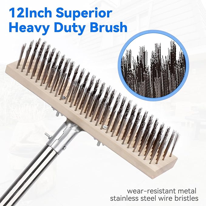 Heavy Duty Wire Broom with 70.8" Telescopic Handle: Stainless Steel Outdoor Broom for Cleaning Moss Concrete Floors Grout Gardens Patio Deck Concrete Garage (Style 2)