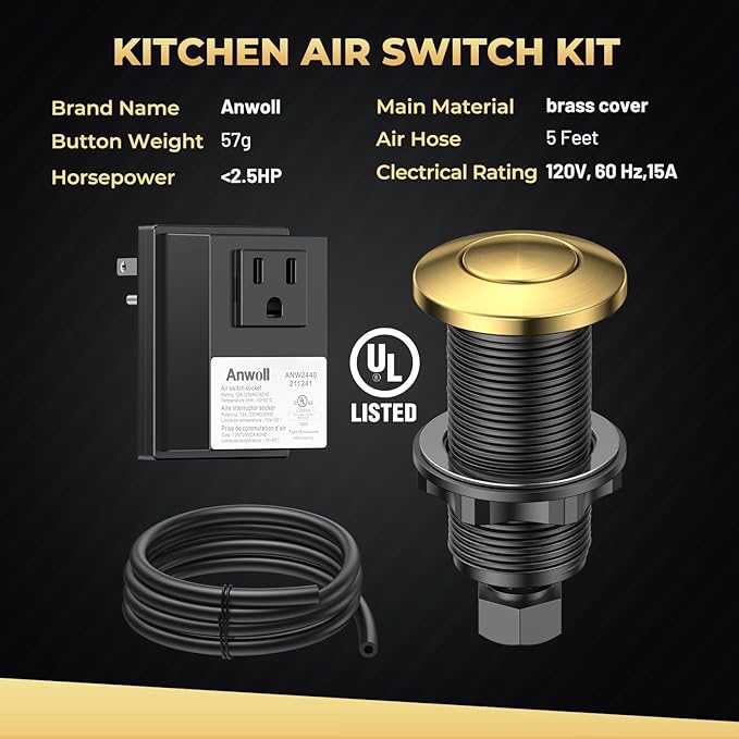 Garbage Disposal Air Switch Kit, Soft Brushed Gold Finish, Compatible with Moen Brushed Gold Faucets, UL Listed Sink Top Button, Universal Countertop Design