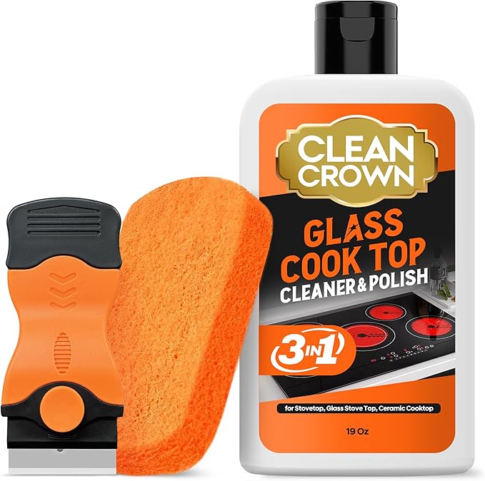 3-in-1 Cooktop Cleaner Kit (19 Oz Cooktop Cleaner + Scrubbing Pad + Scraper), Stovetop Cleaner for Electric Top Stoves, Ceramic Cooktops & Fireplace Glass, Remove Burned on Food, Grease