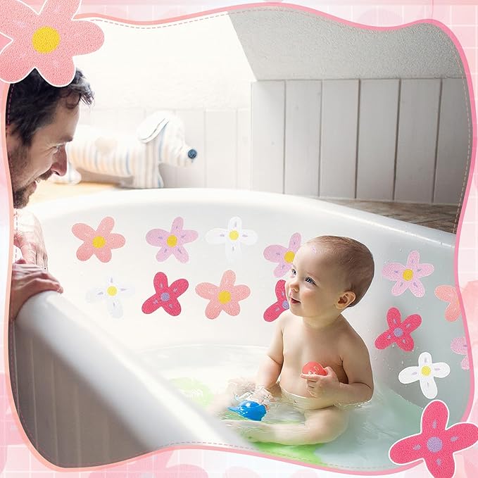 32 Pcs Cute Non Slip Bathtub Stickers for Shower Colorful Bathroom Anti Slip Shower Stickers Floor Applique Adhesive Decals with Scraper for Bathtub Bathroom Floor Pools (Flower)