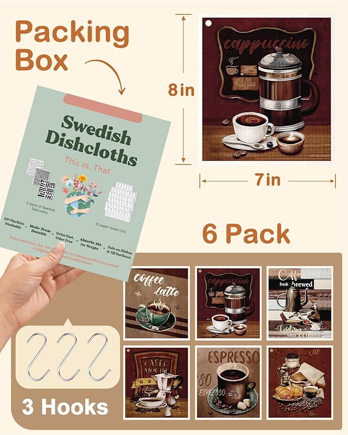 Miss Adola Kitchen Swedish Dishcloths with Hooks - 6 Pack Reusable Dish Cloths for Washing Dishes Fast Drying Cute Fun Swedish Dish Towels Washable Cleaning Sponge, Brown Coffee