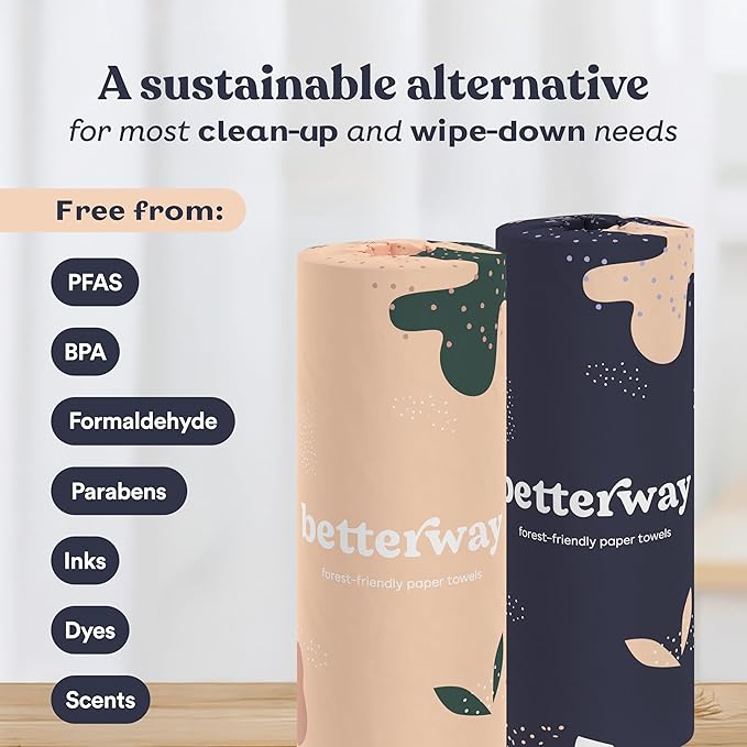 Betterway Bamboo Paper Towels 12 Pack - Non Toxic, Eco Friendly, PFAS Free - 140 Sheets/Roll, 2-Ply, No Plastic, No Dyes, Compostable, Sustainable, Strong & Absorbent, FSC Certified, Natural, White