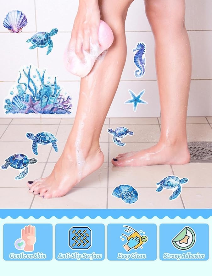 26Pcs Non Slip Bathtub Stickers, Cute Turtle Stickers with Scraper, Sea Creature Anti Slip Bath Tub Shower Decal with Adhesive Back for Bathroom, Shower Stairs