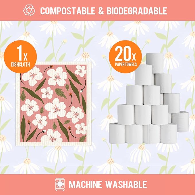 Swedish Dishcloths for Kitchen 6 Pack Flowers Cellulose Sponge Cloths Non Scratch Reusable Paper Towels No Odor, Biodegradable and Reusable Kitchen Dish Rags (Wildflowers)