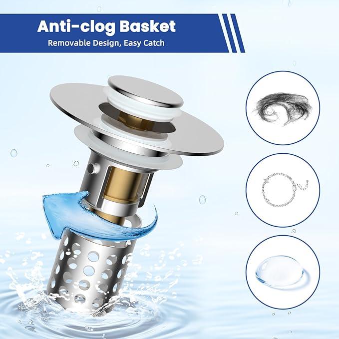 Universal Bathroom Sink Drain Strainer Hair Catcher 3PCS Upgraded with Removable Stainless Steel Filter Basket, 3 in 1 Pop Up Sink Stopper for 1.1''~2.36'' Sink Basin Hole, Chrome