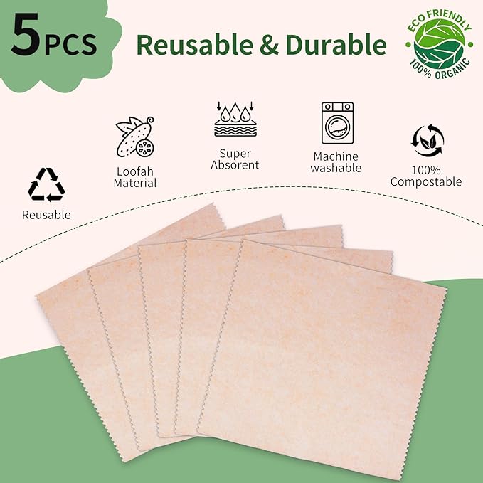 5 Pack Swedish Dishcloths for Kitchen, 100% Compostable Loofah & Plant Fiber Swedish Dish Cloths, Reusable Paper Towels, Super Absorbent, Non-Stick Oil, Fast Dry(7.87x7.87in)