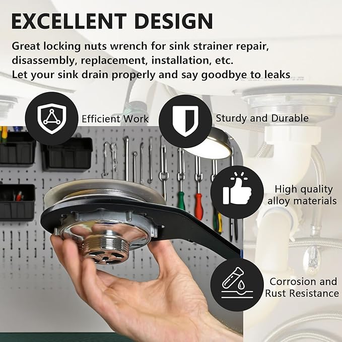 Sink Drain Wrench Universal Under Sink Wrench Faucet Tool Fit for Hex Nuts and All 4, 6 and 8 Tab Locking Nuts on strainer drains Loosen and Tighten the Filter Lock Nut